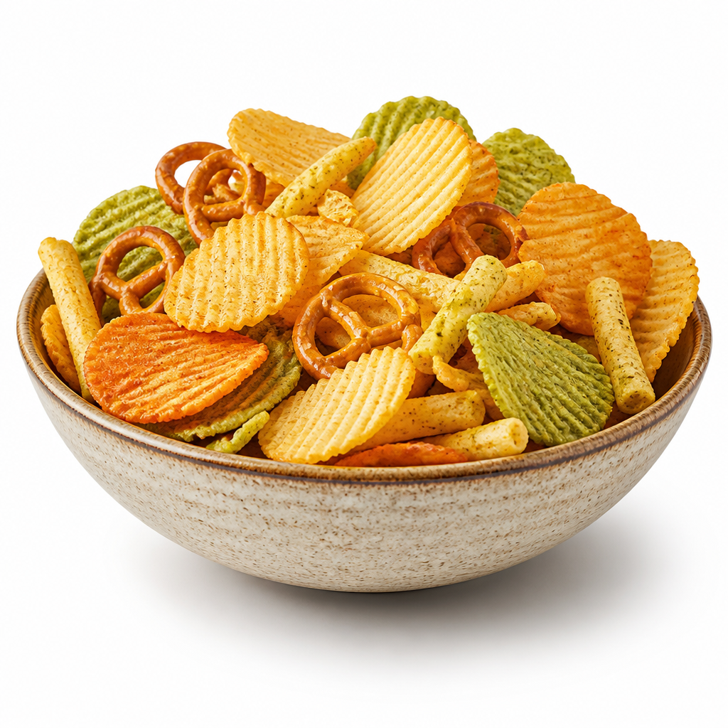 Bowl of gourmet chips and pretzels