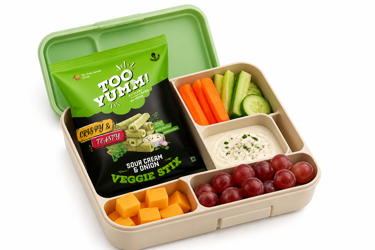 Open bento box with colorful snacks and dips
